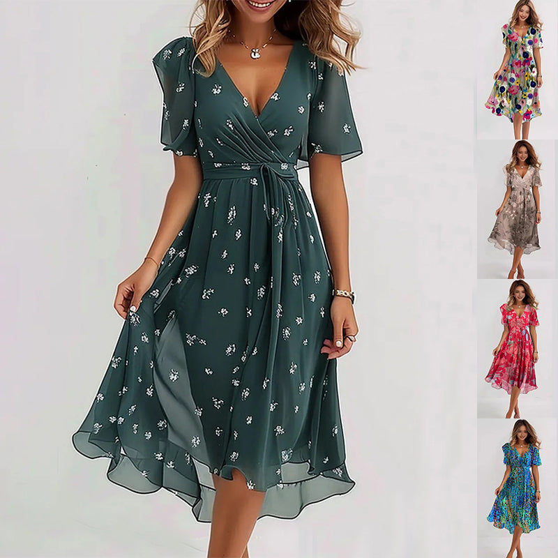 Chiffon Printed Short Sleeve Dress Elegant V-neck Dresses Womens Clothing