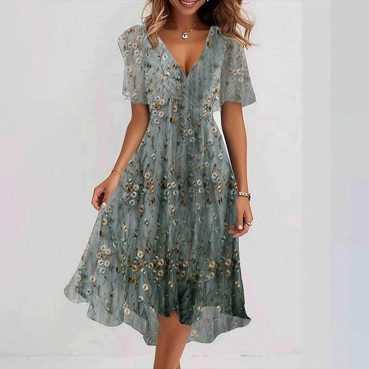 Chiffon Printed Short Sleeve Dress Elegant V-neck Dresses Womens Clothing