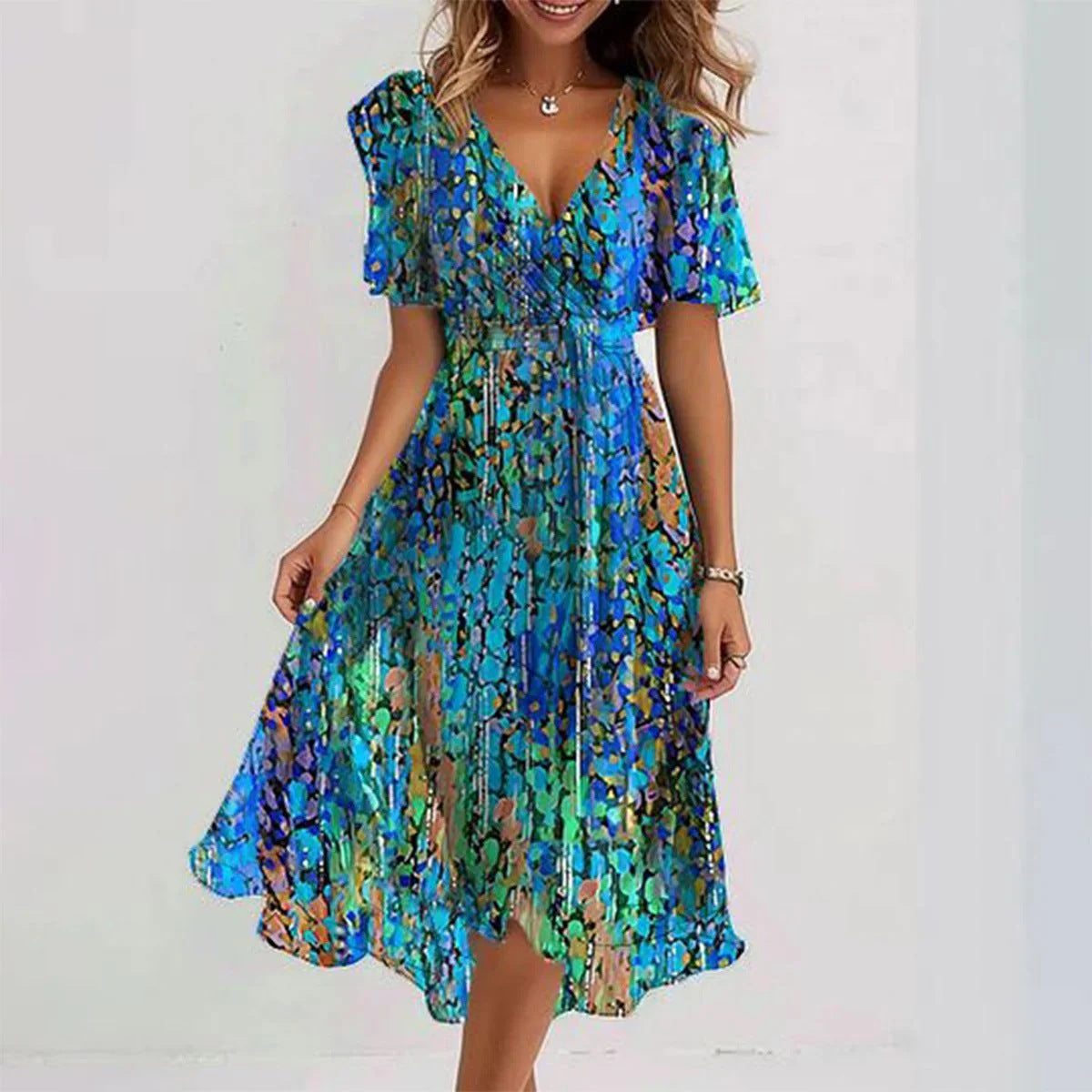Chiffon Printed Short Sleeve Dress Elegant V-neck Dresses Womens Clothing