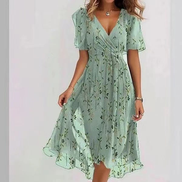 Chiffon Printed Short Sleeve Dress Elegant V-neck Dresses Womens Clothing