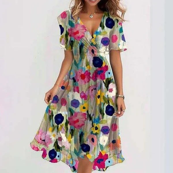 Chiffon Printed Short Sleeve Dress Elegant V-neck Dresses Womens Clothing