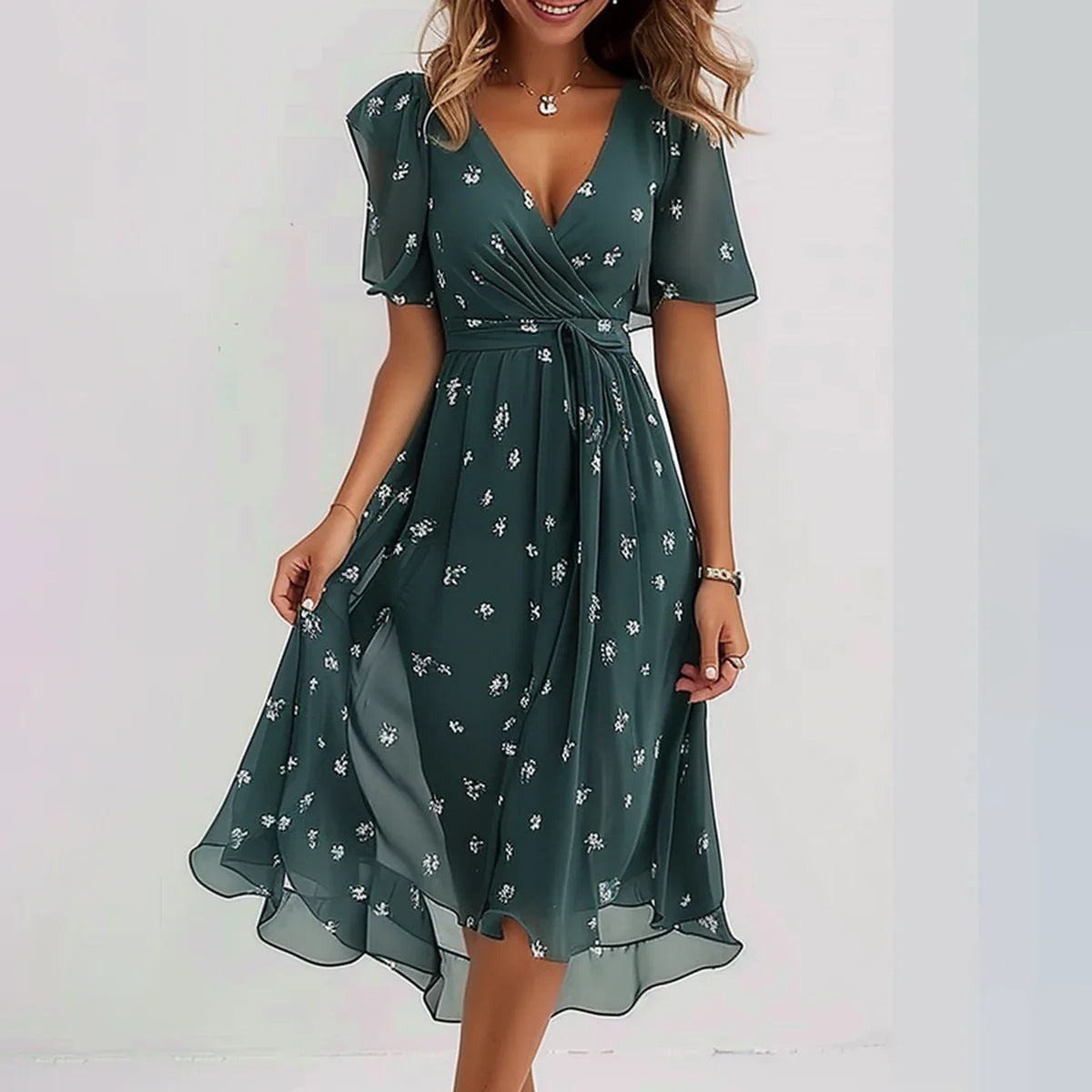 Chiffon Printed Short Sleeve Dress Elegant V-neck Dresses Womens Clothing
