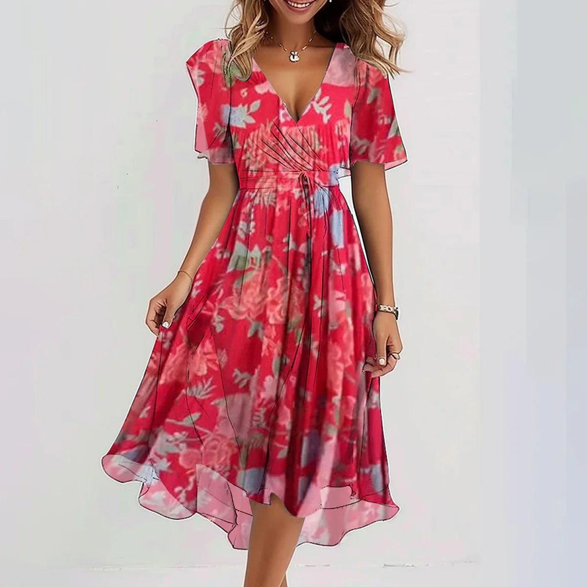 Chiffon Printed Short Sleeve Dress Elegant V-neck Dresses Womens Clothing