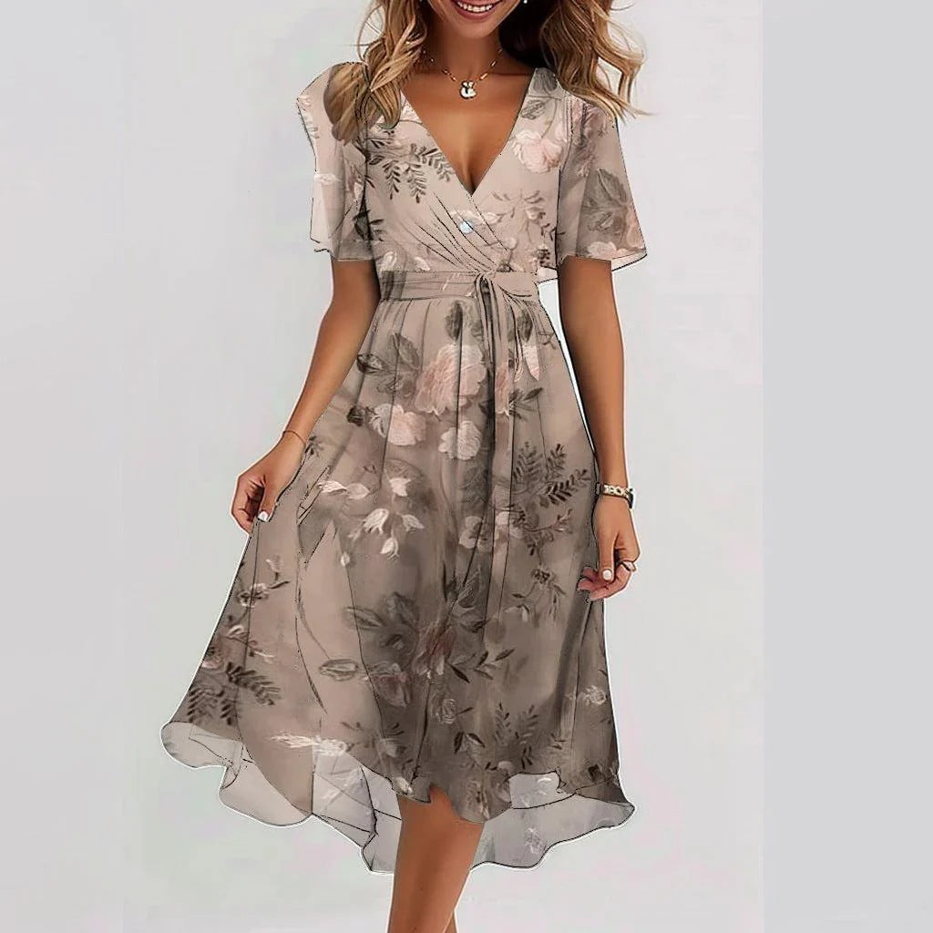 Chiffon Printed Short Sleeve Dress Elegant V-neck Dresses Womens Clothing