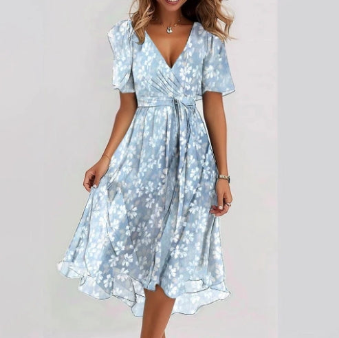 Chiffon Printed Short Sleeve Dress Elegant V-neck Dresses Womens Clothing