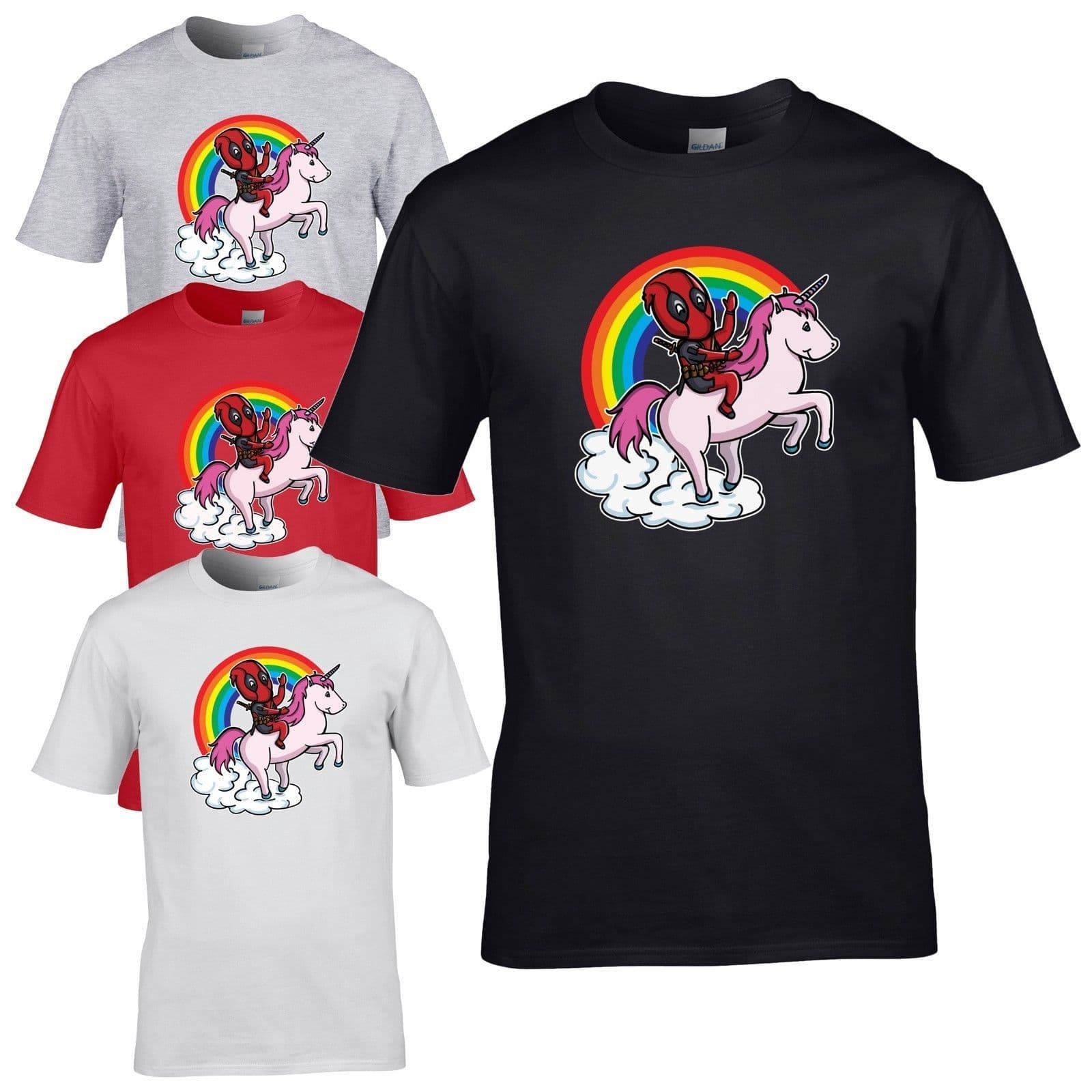 Cartoon Parody Riding a Pink Unicorn Rainbow T-Shirt Wade Wilson Comic Character