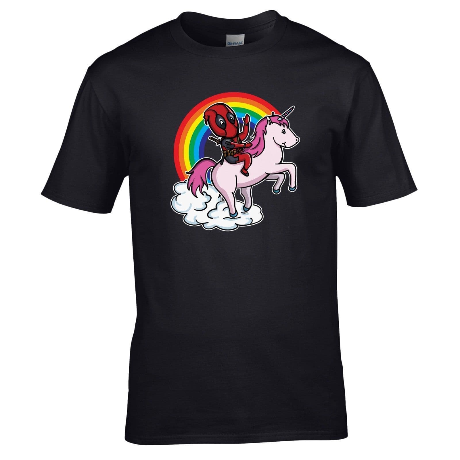 Cartoon Parody Riding a Pink Unicorn Rainbow T-Shirt Wade Wilson Comic Character
