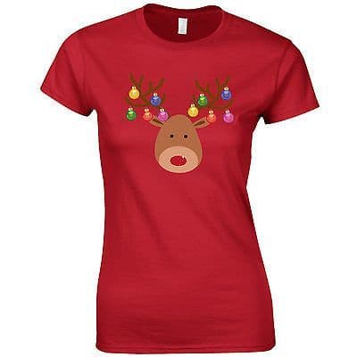 Christmas Baubles Rudolph Reindeer Face Ladies Fitted T-Shirt - Decorations Top