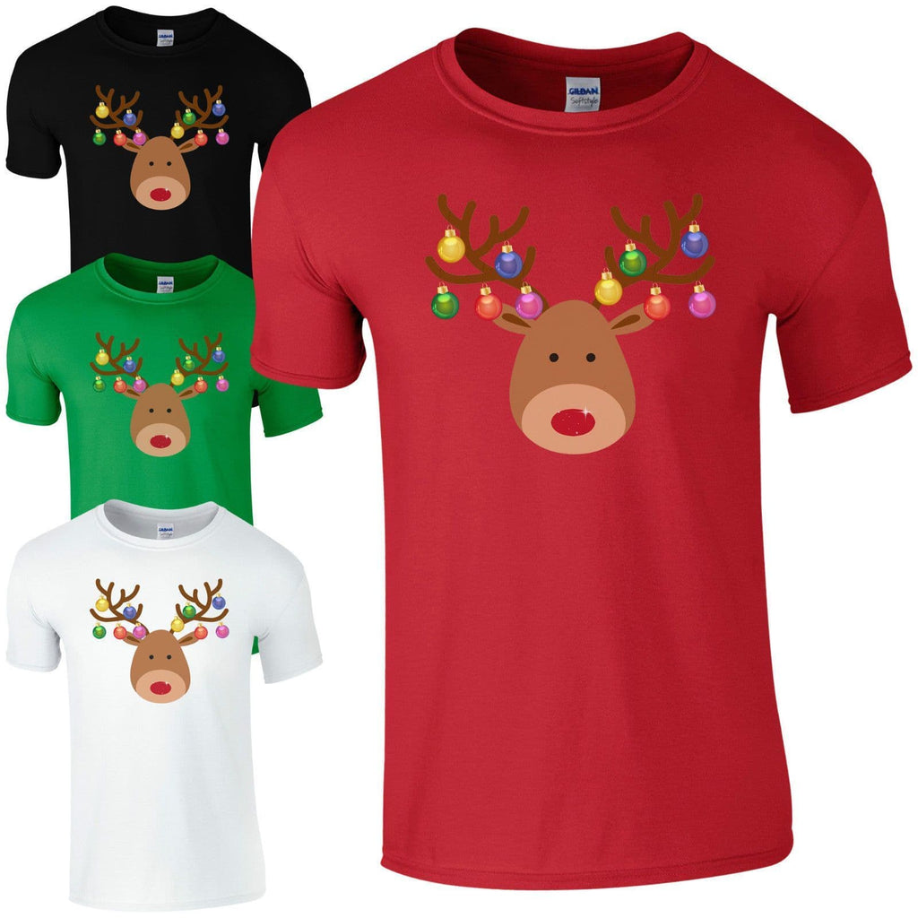 Christmas Baubles Rudolph Reindeer Face T-Shirt - Xmas Decorations Kids Mens Top