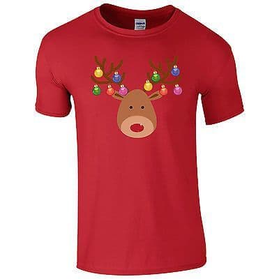 Christmas Baubles Rudolph Reindeer Face T-Shirt - Xmas Decorations Kids Mens Top