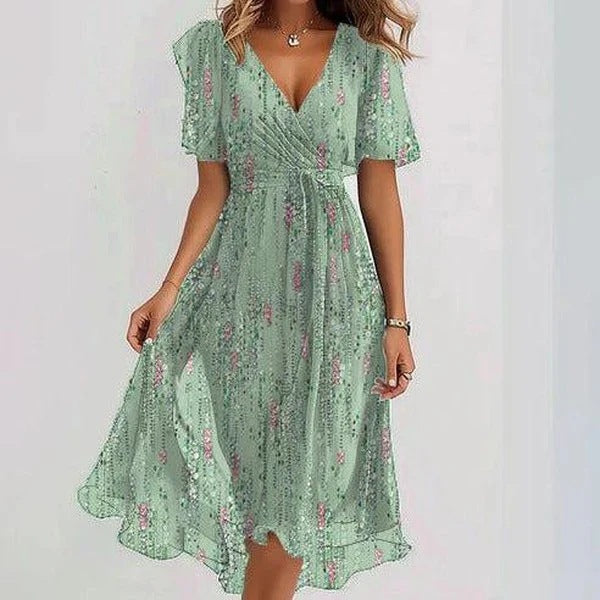 Chiffon Printed Short Sleeve Dress Elegant V-neck Dresses Womens Clothing