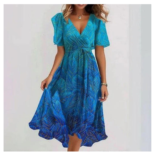 Chiffon Printed Short Sleeve Dress Elegant V-neck Dresses Womens Clothing
