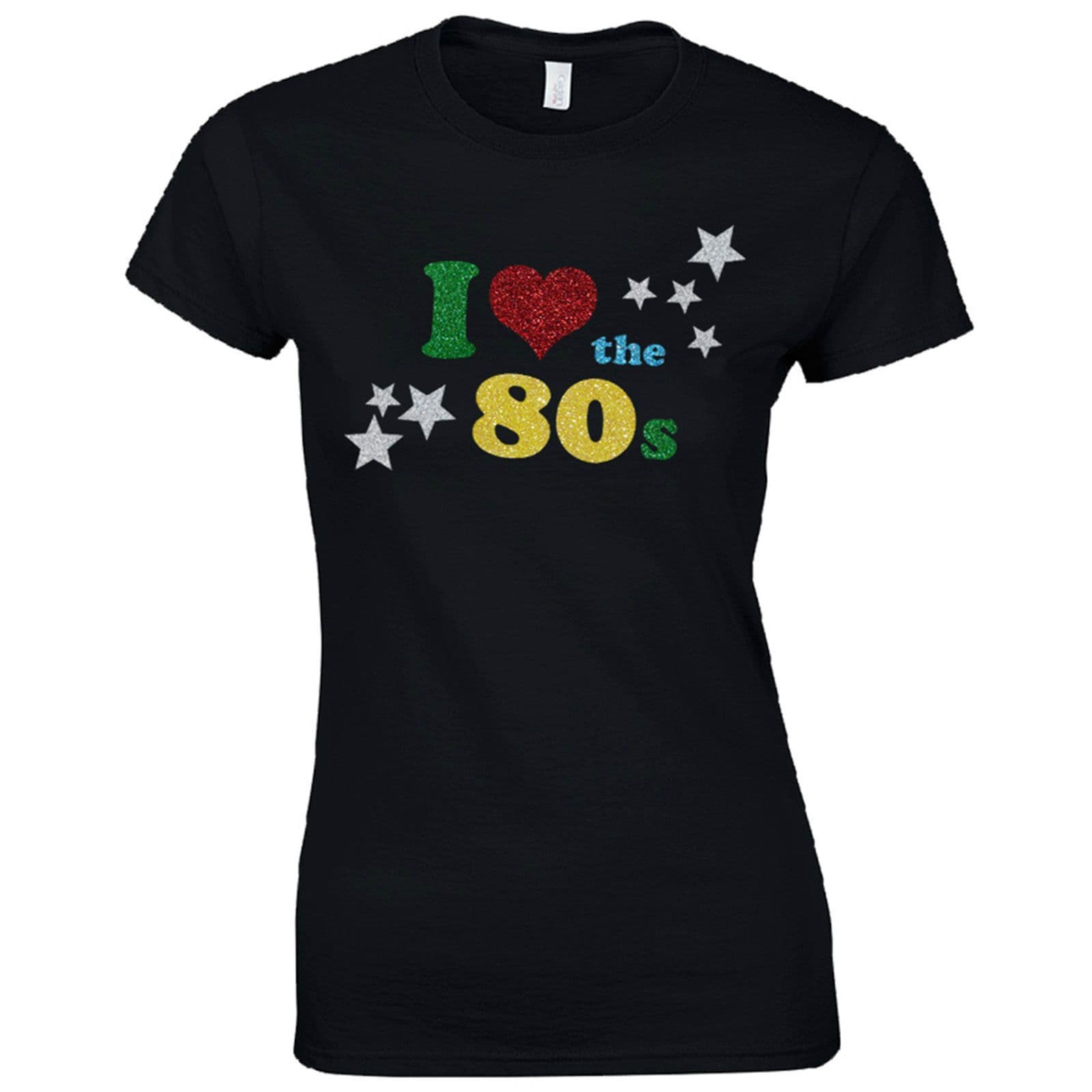 I Love The 80s Ladies Fitted T-Shirt - Women Fancy Dress Glitter Print Party Top