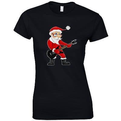Rock Star Santa Ladies Fitted T-Shirt - Funny Father Christmas Rocking Claus Top