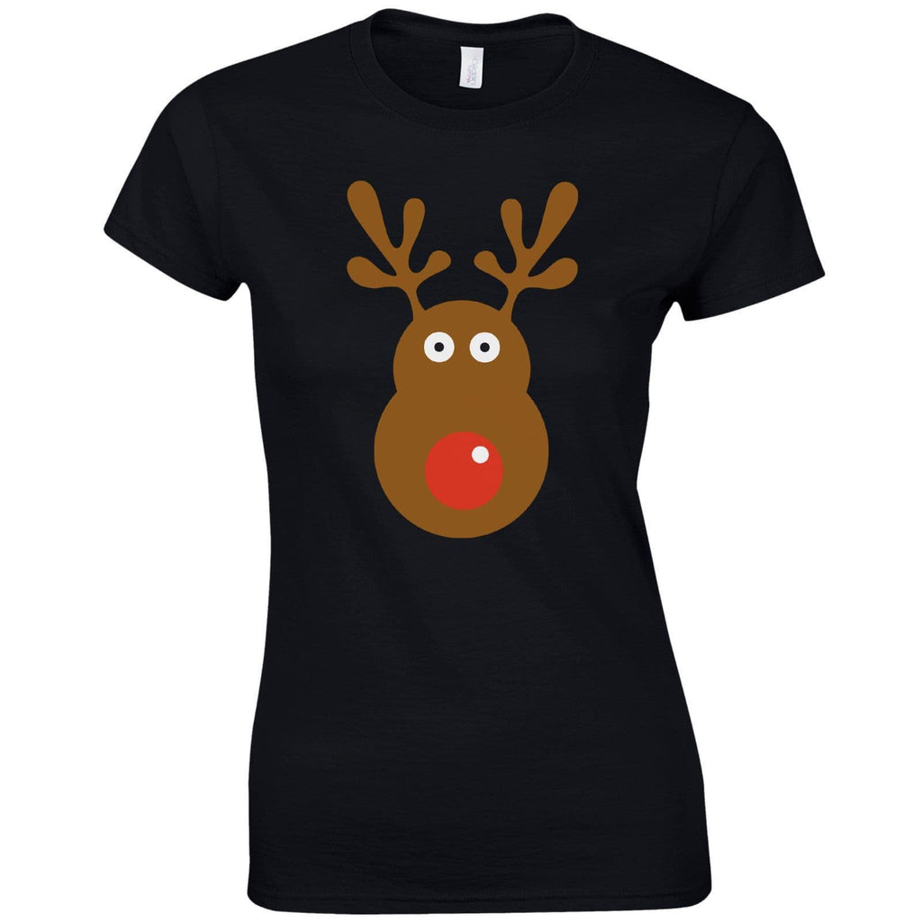 Rudolph Reindeer Face Ladies Fitted T-Shirt - Christmas Retro Rudolf Gift Top