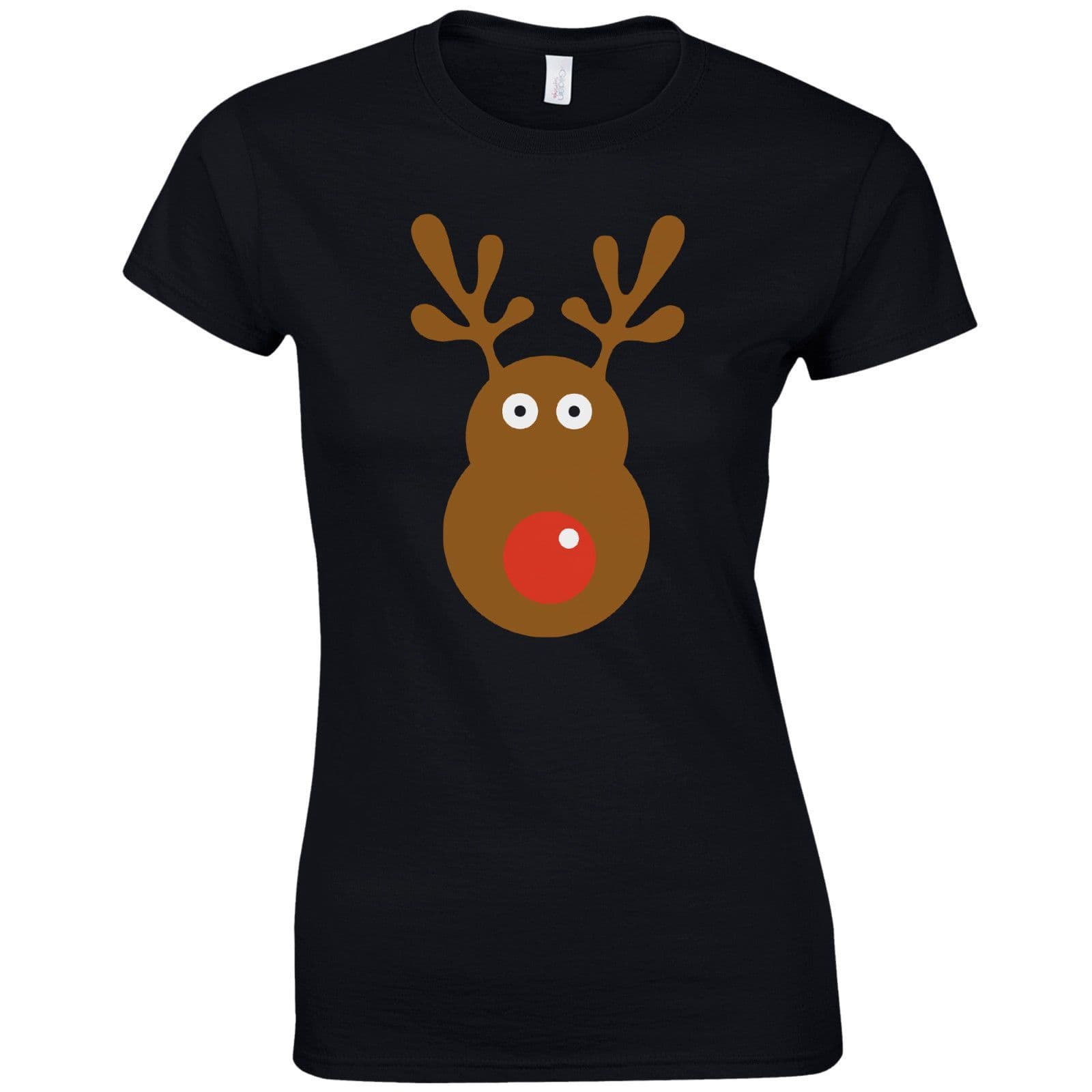 Rudolph Reindeer Face Ladies Fitted T-Shirt - Christmas Retro Rudolf Gift Top