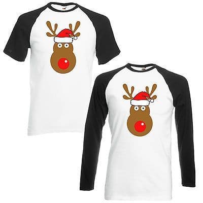 Rudolph Reindeer Face Santa Hat Baseball T-Shirt - Retro Cute Christmas Top
