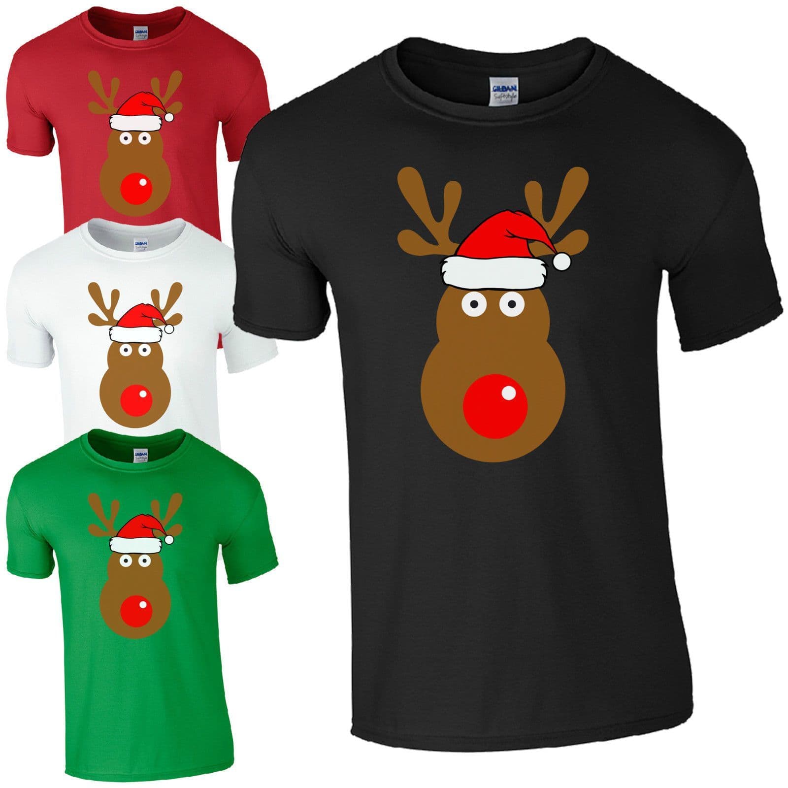 Rudolph Reindeer Face Santa Hat T-Shirt - Retro Cute Christmas Kids Mens Top