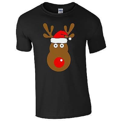 Rudolph Reindeer Face Santa Hat T-Shirt - Retro Cute Christmas Kids Mens Top