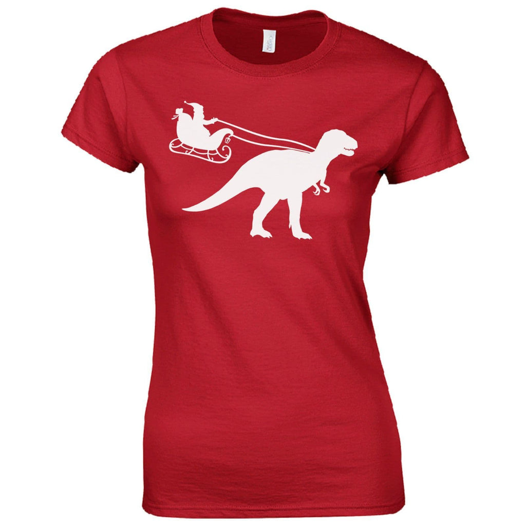 Santa Sleigh Dinosaur Ladies Fitted T-Shirt Funny T-Rex Jurassic Christmas Gift