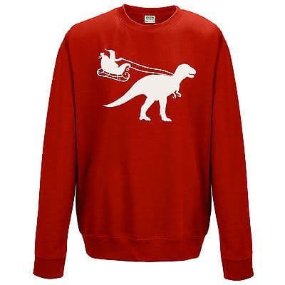 Santa Sleigh Dinosaur Sweatshirt Funny T-Rex Jurassic Christmas Gift Jumper Top