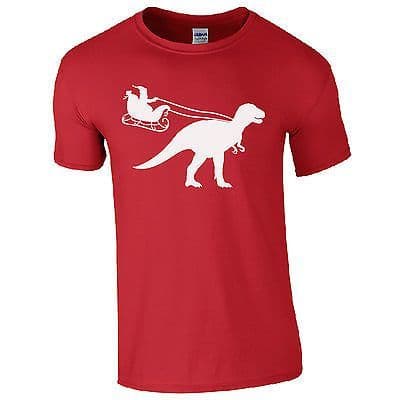 Santa Sleigh Dinosaur T-Shirt Funny T-Rex Jurassic Christmas Gift Kids Mens Top
