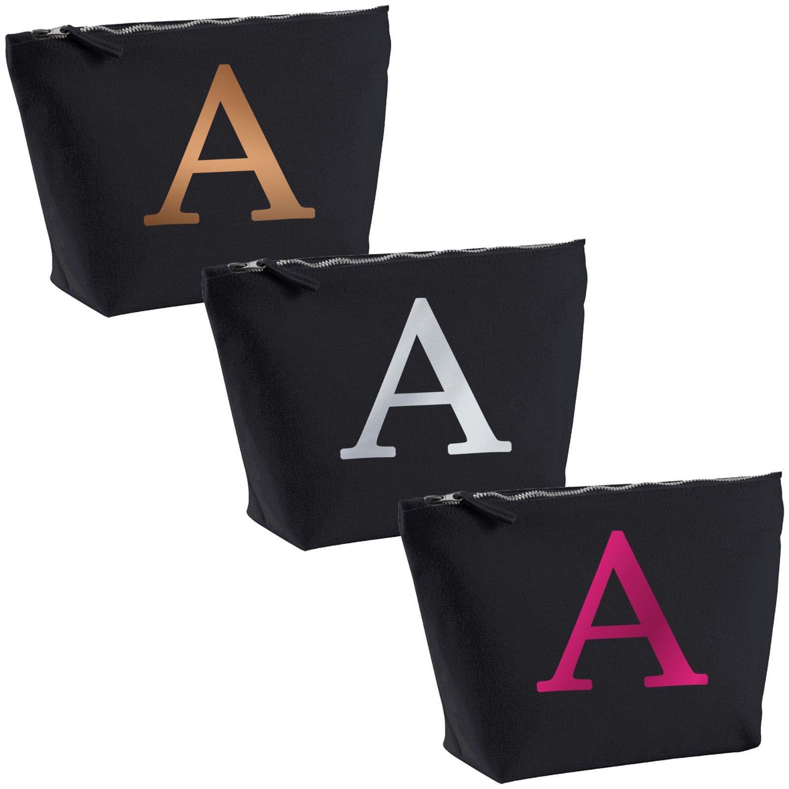 Single Letter METALLIC Printed Black Make Up Wash Bag - Alphabet A-Z Initial