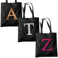 Single Letter METALLIC Printed Black Tote Bag - Alphabet A-Z Initial Shopper