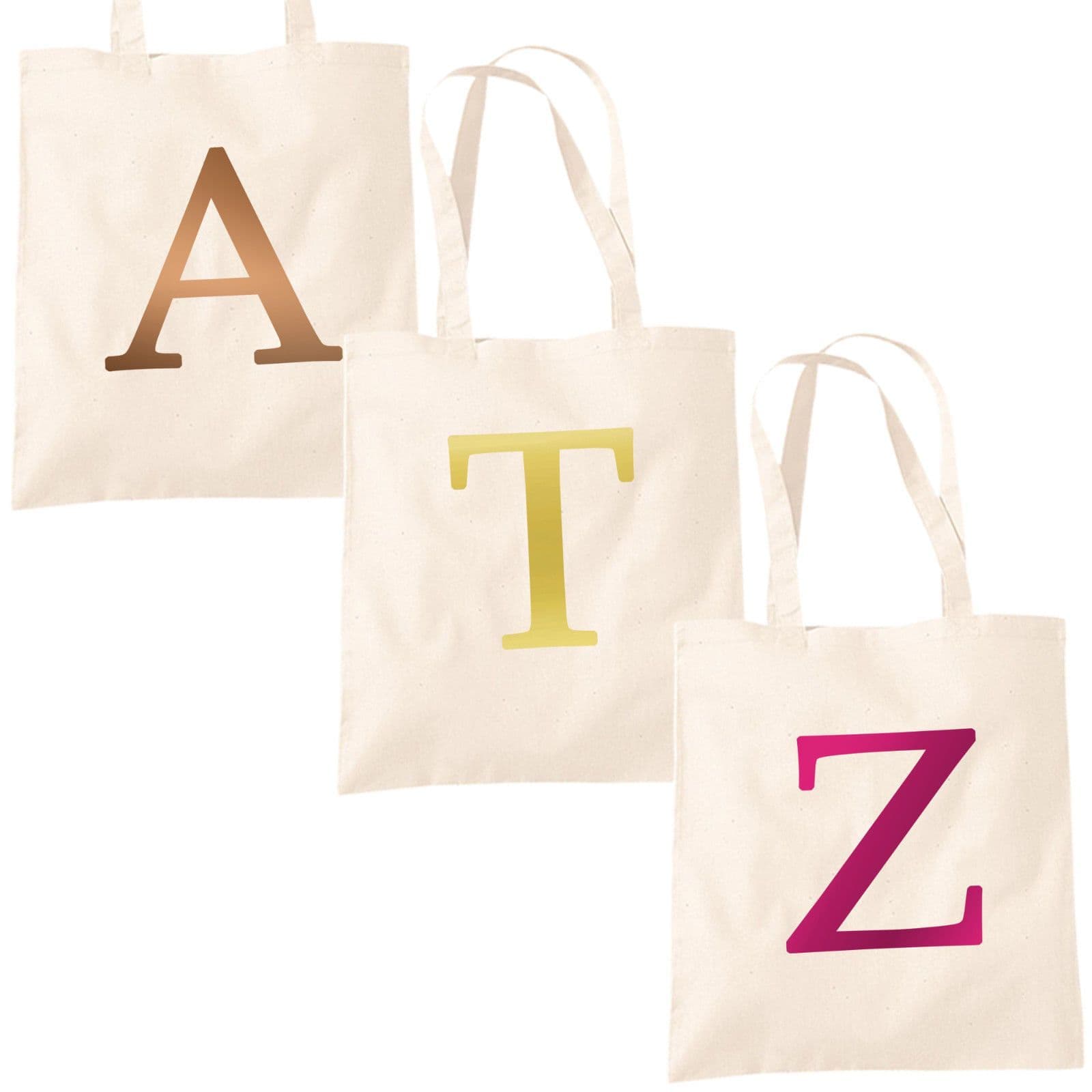 Single Letter METALLIC Printed Natural Tote Bag - Alphabet A-Z Initial Shopper