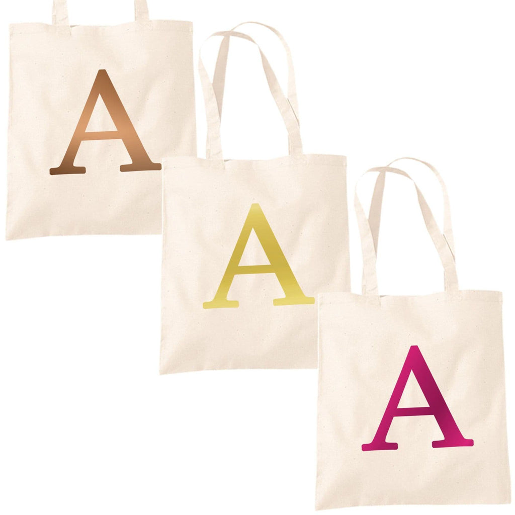 Single Letter METALLIC Printed Natural Tote Bag - Alphabet A-Z Initial Shopper